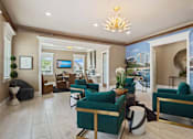 Thumbnail 13 of 36 - A living room with a large window and a view of a cityscape.