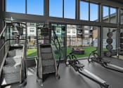 Thumbnail 19 of 94 - a gym with weights and cardio equipment and a view of a building