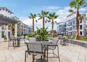 Thumbnail 30 of 37 - A patio with chairs and tables surrounded by palm trees.