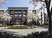 Thumbnail 2 of 28 - a rendering of the exterior of an apartment building with cars parked in front of it
