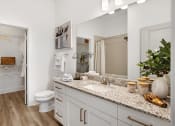 Thumbnail 13 of 46 - Pet-Friendly Apartments in Norcross, GA - The Darnell - Bathroom with Wood-Style Floor, Granite Countertops, Large Vanity Mirror, and Closet with Shelves