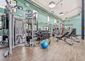 Thumbnail 9 of 36 - A gym with a blue ball and a variety of equipment.