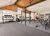 Thumbnail 18 of 29 - A spacious gym with a variety of equipment including a squat rack, bench press, and a rowing machine.