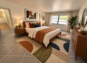 Thumbnail 6 of 22 - A bedroom with a large bed and a rug in front of it.