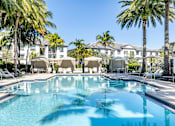 Thumbnail 35 of 53 - A large swimming pool surrounded by palm trees and lounge chairs.