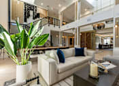 Thumbnail 4 of 53 - A living room with a couch, a table, and a potted plant.