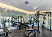 Thumbnail 16 of 53 - A gym with a variety of equipment including weights and machines.