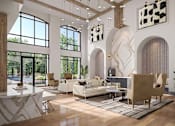 Thumbnail 2 of 16 - A modern living room with a large window and a marble table.