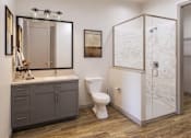 Thumbnail 13 of 16 - A bathroom with a white toilet and a marble wall.