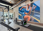 Thumbnail 11 of 34 - A woman is running on a treadmill in a gym.