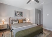 Thumbnail 17 of 65 - A bedroom with a bed, nightstands, and a painting on the wall.