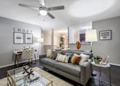Thumbnail 1 of 38 - A living room with a grey couch and a glass coffee table.