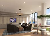 Thumbnail 4 of 49 - A modern living room with a large window and a flat screen TV mounted on the wall.