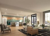 Thumbnail 3 of 49 - A modern living room with a large mural on the wall.
