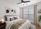 Thumbnail 15 of 28 - One-Bedroom Luxury Apartments in Huntsville, AL - The Kelvin - Bedroom with Luxury Vinyl Tile Flooring, Area Rug, Bed, Nightstands with Lamps, Dresser, Ceiling Fan, Potted Plant, and Spacious Window.