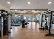 Thumbnail 8 of 28 - Pet-Friendly Apartments in Huntsville, AL - The Kelvin - Fitness Center with Weight Training Equipment, Treadmills, Elliptical Machines, Workout Benches, Floor-to-Ceiling Windows, and Mirror Walls.