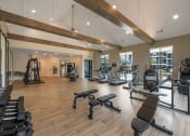 Thumbnail 7 of 28 - a gym with cardio equipment and weights on a wood floor