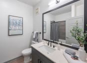 Thumbnail 15 of 21 - 2-Bedroom Apartments in Chattanooga, TN - Populus Waterside - Bathroom with Quartz Countertop, Large Vanity Mirror, Grey Cabinet, and Wall Art.