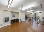 Thumbnail 25 of 38 - a fitness room with weights and cardio machines and a television