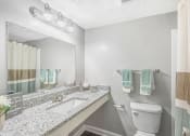 Thumbnail 10 of 35 - a bathroom with a toilet and a sink and a mirror