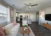 Thumbnail 12 of 48 - A modern living room with a white couch and a wooden coffee table.