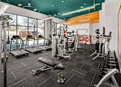 Thumbnail 44 of 57 - Dog-Friendly Apartments In Decatur, GA - ARLO - Fitness Center With Free Weights, Cardio Machines, Strength Training Equipment, Workout Benches, Window Wall, Yoga Balls, And Ceiling Fans.