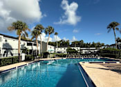 Thumbnail 1 of 30 - A swimming pool surrounded by palm trees and buildings.