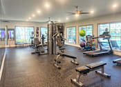 Thumbnail 16 of 23 - A gym with a variety of equipment including treadmills, weights, and exercise balls.