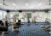 Thumbnail 6 of 36 - a gym with cardio machines and weights in a room with windows