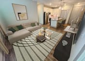 Thumbnail 33 of 54 - A modern living room with a large couch and a coffee table in the center.