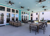 Thumbnail 16 of 24 - a covered patio with tables and chairs and ceiling fans