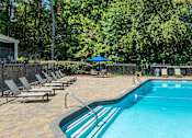 Thumbnail 26 of 35 - A pool surrounded by trees and chairs.