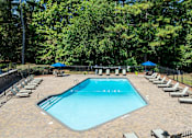 Thumbnail 25 of 35 - A large outdoor swimming pool surrounded by sun loungers and trees.