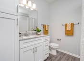 Thumbnail 18 of 24 - A bathroom with a white toilet, sink, and cabinets.
