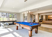 Thumbnail 6 of 24 - A pool table in a well-lit room with a view of the outdoors.