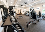 Thumbnail 24 of 35 - A gym with a variety of equipment including weights and machines.
