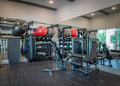 Thumbnail 12 of 31 - A gym with a variety of equipment including weights and machines.