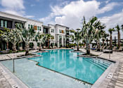 Thumbnail 36 of 40 - A swimming pool surrounded by palm trees and lounge chairs in front of a modern building.