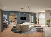 Thumbnail 19 of 21 - Pet-Friendly Apartments in Chattanooga, TN - Populus Waterside - Clubroom with Wood-Style Flooring, Tables, Couches, Large Window, TVs, and Stylish Decor