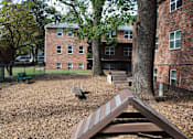 Thumbnail 20 of 24 - A playground with a slide in front of a brick building.
