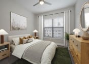 Thumbnail 3 of 36 - a bedroom with a large window and a ceiling fan