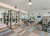 Thumbnail 9 of 30 - A gym with a variety of equipment including treadmills, weights, and exercise machines.