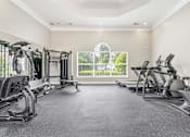 Thumbnail 16 of 18 - A spacious gym with a variety of exercise equipment and a view of the outdoors through a large window.