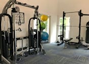 Thumbnail 22 of 35 - A gym with a variety of equipment including a weight bench, a leg press machine, and a squat rack.