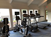 Thumbnail 21 of 35 - A gym with treadmills and elliptical machines.