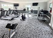 Thumbnail 21 of 30 - A gym with treadmills, elliptical machines, and other exercise equipment.