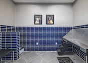 Thumbnail 14 of 16 - A kitchen with blue tiles and two framed pictures of dogs on the wall.