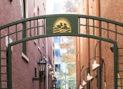 Thumbnail 6 of 7 - an alleyway between two brick buildings with a green archway over the street