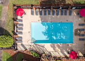 Thumbnail 15 of 23 - An aerial view of a pool surrounded by lounge chairs and umbrellas.