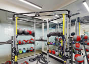 Thumbnail 16 of 56 - a home gym with weights and equipment on shelving
